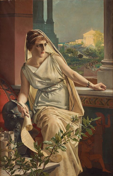 Hypatie imaginée par le peintre Julius Kronberg en 1889. Aucun portrait d'époque n'existe.