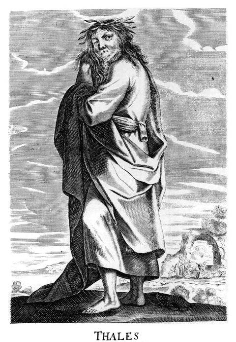 Thalès vu par un graveur du XVIIᵉ siècle. Aucun portrait fait de son vivant n'existe : c'est une image inventée.